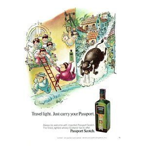 1972 Passport Scotch Travel Light Vintage Print Ad Cartoon Drawing Running Bulls